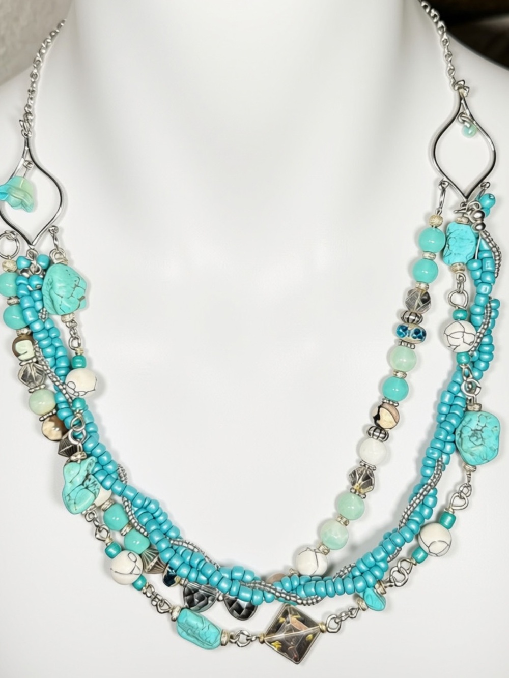 OOAK Artisan Turquoise & Howlite Multi Strand Beaded Statement Necklace Silver